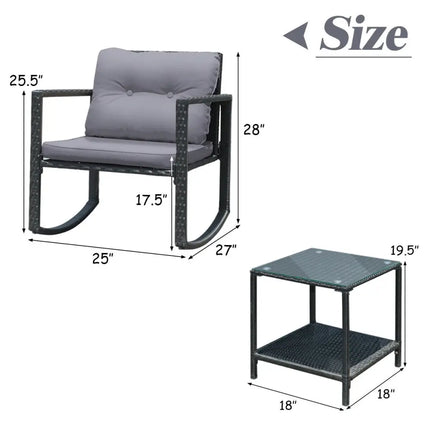 3 Pcs Cushioned Patio Rattan Set with Rocking Chair and Table-Gray - Gray - Patio Conversation Sets