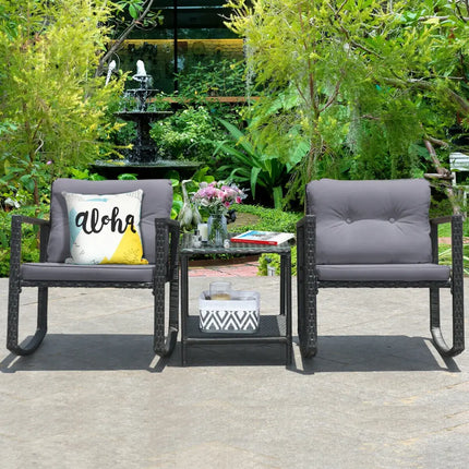 3 Pcs Cushioned Patio Rattan Set with Rocking Chair and Table-Gray - Gray - Patio Conversation Sets