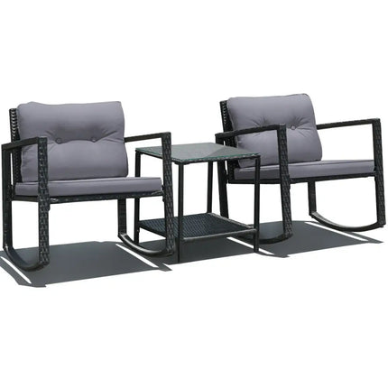 3 Pcs Cushioned Patio Rattan Set with Rocking Chair and Table-Gray - Gray - Patio Conversation Sets