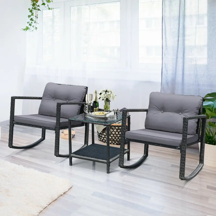 3 Pcs Cushioned Patio Rattan Set with Rocking Chair and Table-Gray - Gray - Patio Conversation Sets