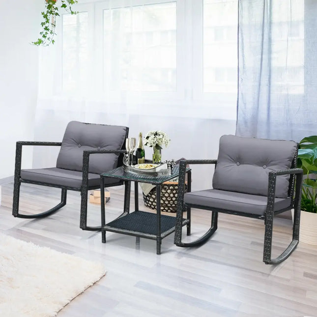 3 Pcs Cushioned Patio Rattan Set with Rocking Chair and Table-Gray - Gray - Patio Conversation Sets