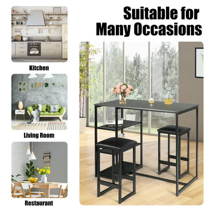 3 pcs Dining Set with Faux Marble Top Table and 2 Stools-Black Costway