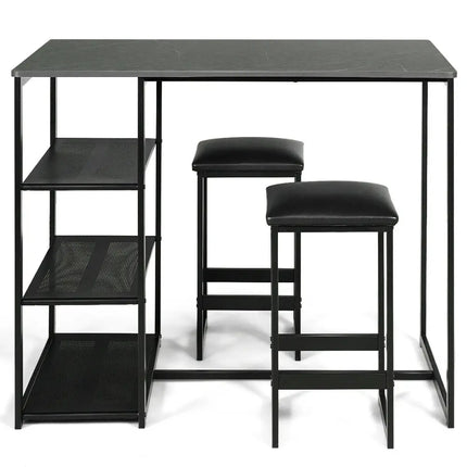 3 pcs Dining Set with Faux Marble Top Table and 2 Stools-Black Costway
