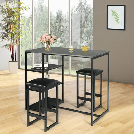 3 pcs Dining Set with Faux Marble Top Table and 2 Stools-Black Costway