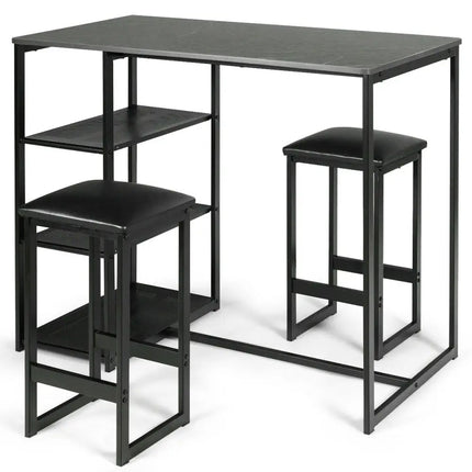 3 pcs Dining Set with Faux Marble Top Table and 2 Stools-Black Costway