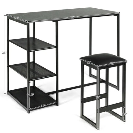 3 pcs Dining Set with Faux Marble Top Table and 2 Stools-Black Costway