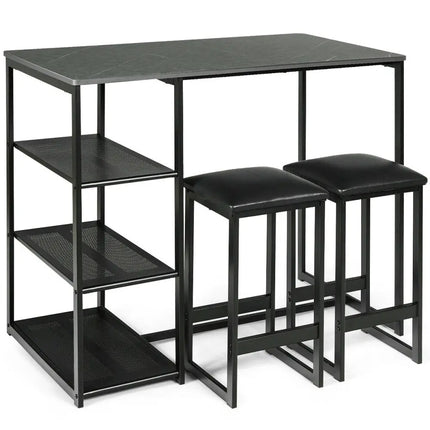 3 pcs Dining Set with Faux Marble Top Table and 2 Stools-Black Costway