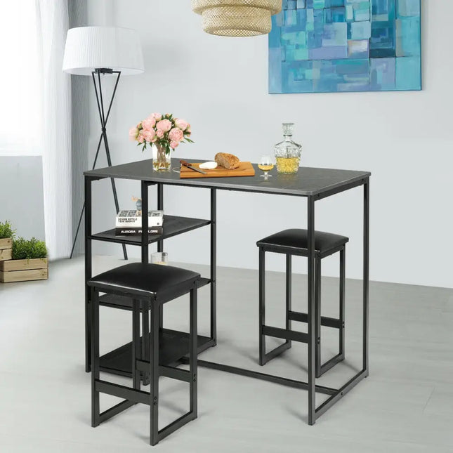 3 pcs Dining Set with Faux Marble Top Table and 2 Stools-Black Costway