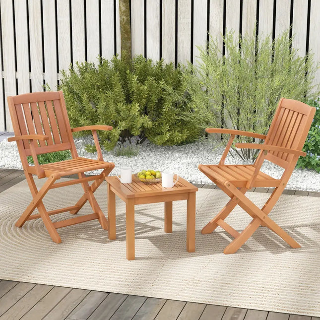 3 PCS Eucalyptus Wood Patio Bistro Set with 2 Folding Arm Chairs - Patio Dining Sets