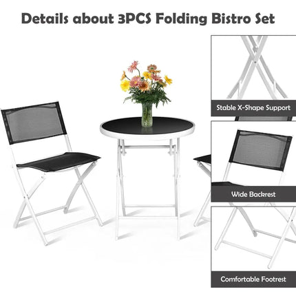 3 PCS Folding Bistro Table Chairs Set Garden Backyard Patio Furniture Black New-Black - Black - Patio Conversation Sets