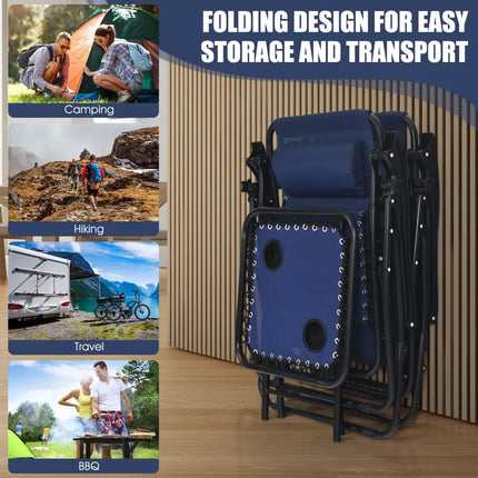 3 Pcs Folding Portable Zero Gravity Reclining Lounge Chairs Table-Navy - Navy - Patio Conversation Sets