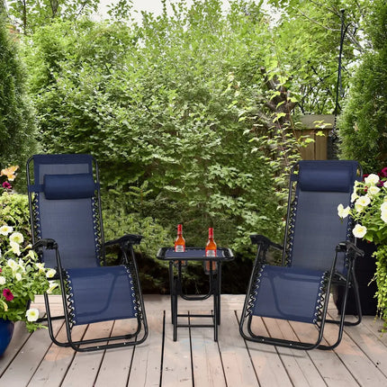 3 Pcs Folding Portable Zero Gravity Reclining Lounge Chairs Table-Navy - Navy - Patio Conversation Sets