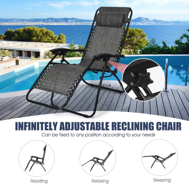 3 Pcs Folding Portable Zero Gravity Reclining Lounge Chairs Table-Gray - Gray - Patio Conversation Sets