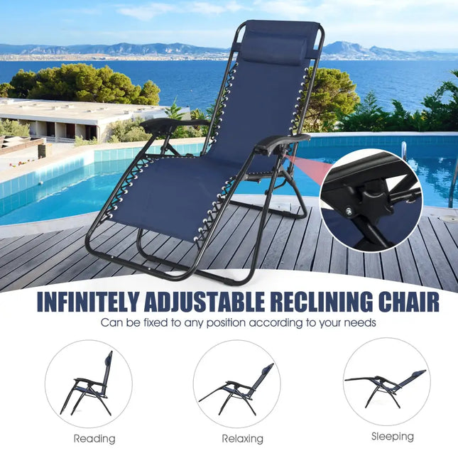 3 Pcs Folding Portable Zero Gravity Reclining Lounge Chairs Table-Navy - Navy - Patio Conversation Sets