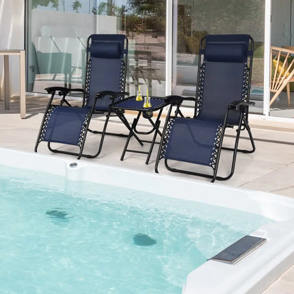 3 Pcs Folding Portable Zero Gravity Reclining Lounge Chairs Table-Navy - Navy - Patio Conversation Sets