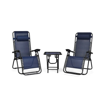 3 Pcs Folding Portable Zero Gravity Reclining Lounge Chairs Table-Navy - Navy - Patio Conversation Sets