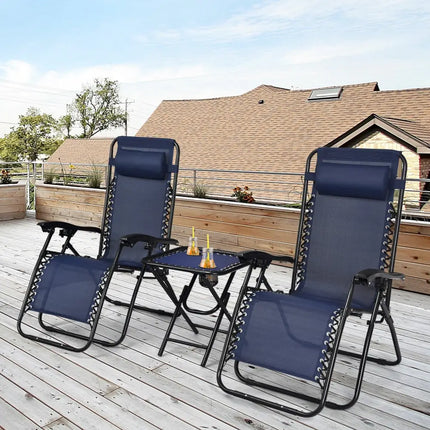 3 Pcs Folding Portable Zero Gravity Reclining Lounge Chairs Table-Navy - Navy - Patio Conversation Sets