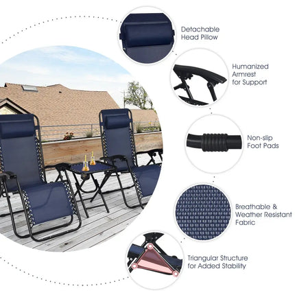 3 Pcs Folding Portable Zero Gravity Reclining Lounge Chairs Table-Navy - Navy - Patio Conversation Sets