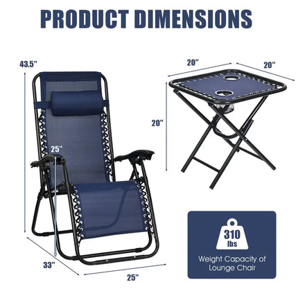 3 Pcs Folding Portable Zero Gravity Reclining Lounge Chairs Table-Navy - Navy - Patio Conversation Sets