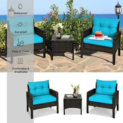 3 Pcs Outdoor Patio Rattan Conversation Set with Seat Cushions-Turquoise - Turquoise - Patio Conversation Sets