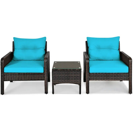 3 Pcs Outdoor Patio Rattan Conversation Set with Seat Cushions-Turquoise - Turquoise - Patio Conversation Sets