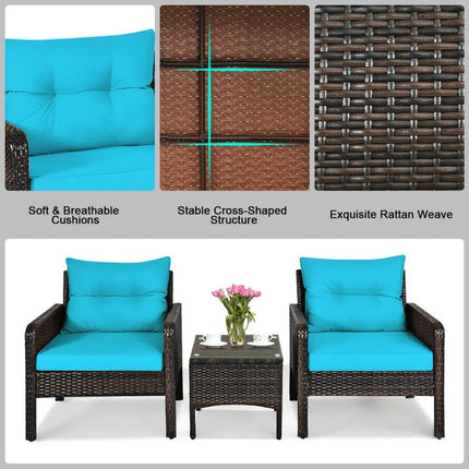 3 Pcs Outdoor Patio Rattan Conversation Set with Seat Cushions-Turquoise - Turquoise - Patio Conversation Sets