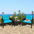 3 Pcs Outdoor Patio Rattan Conversation Set with Seat Cushions-Turquoise - Turquoise - Patio Conversation Sets