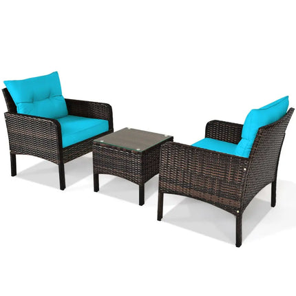 3 Pcs Outdoor Patio Rattan Conversation Set with Seat Cushions-Turquoise - Turquoise - Patio Conversation Sets