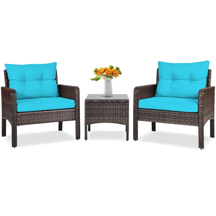 3 Pcs Outdoor Patio Rattan Conversation Set with Seat Cushions-Turquoise - Turquoise - Patio Conversation Sets