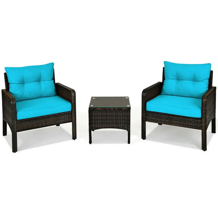 3 Pcs Outdoor Patio Rattan Conversation Set with Seat Cushions-Turquoise - Turquoise - Patio Conversation Sets
