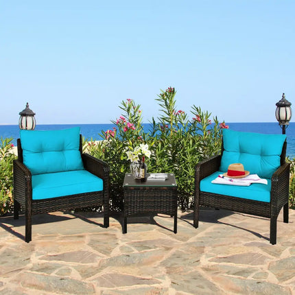 3 Pcs Outdoor Patio Rattan Conversation Set with Seat Cushions-Turquoise - Turquoise - Patio Conversation Sets