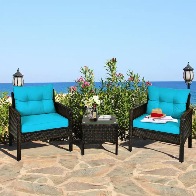 3 Pcs Outdoor Patio Rattan Conversation Set with Seat Cushions-Turquoise - Turquoise - Patio Conversation Sets