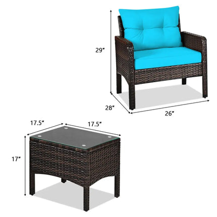 3 Pcs Outdoor Patio Rattan Conversation Set with Seat Cushions-Turquoise - Turquoise - Patio Conversation Sets