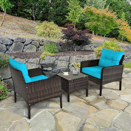 3 Pcs Outdoor Patio Rattan Conversation Set with Seat Cushions-Turquoise - Turquoise - Patio Conversation Sets