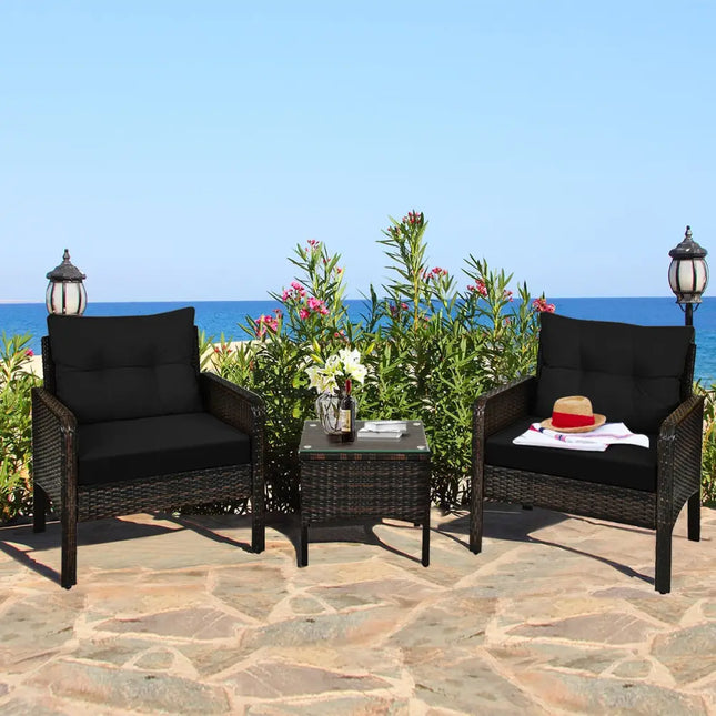 3 Pcs Outdoor Patio Rattan Conversation Set with Seat Cushions-Black - Black - Patio Conversation Sets
