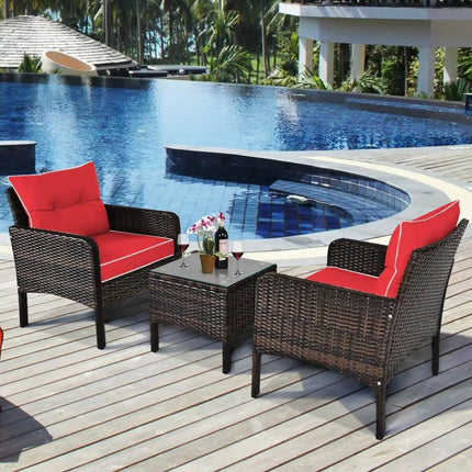 3 Pcs Outdoor Patio Rattan Conversation Set with Seat Cushions-Red - Red - Patio Conversation Sets