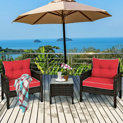 3 Pcs Outdoor Patio Rattan Conversation Set with Seat Cushions-Red - Red - Patio Conversation Sets