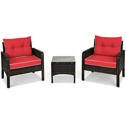 3 Pcs Outdoor Patio Rattan Conversation Set with Seat Cushions-Red - Red - Patio Conversation Sets