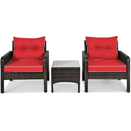3 Pcs Outdoor Patio Rattan Conversation Set with Seat Cushions-Red - Red - Patio Conversation Sets