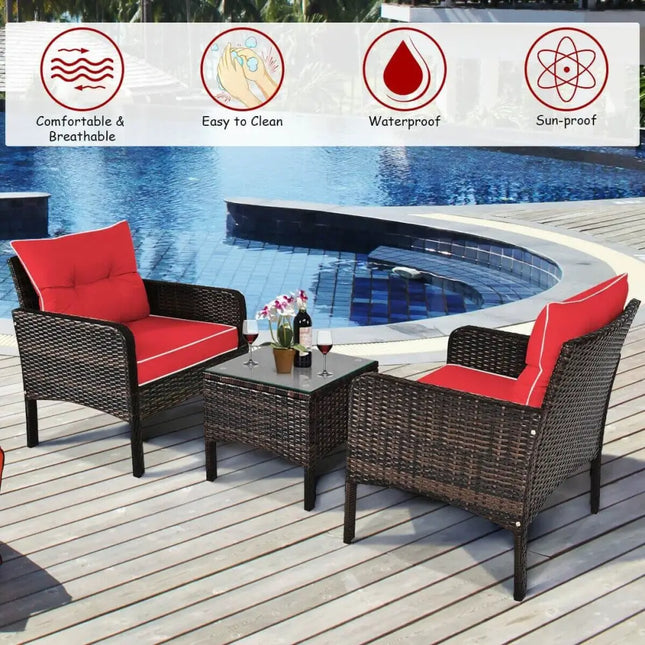 3 Pcs Outdoor Patio Rattan Conversation Set with Seat Cushions-Red - Red - Patio Conversation Sets