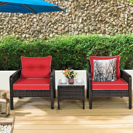3 Pcs Outdoor Patio Rattan Conversation Set with Seat Cushions-Red - Red - Patio Conversation Sets