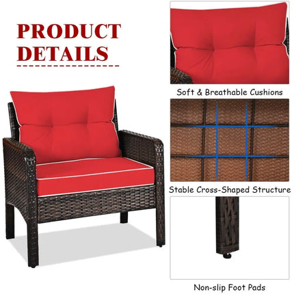 3 Pcs Outdoor Patio Rattan Conversation Set with Seat Cushions-Red - Red - Patio Conversation Sets