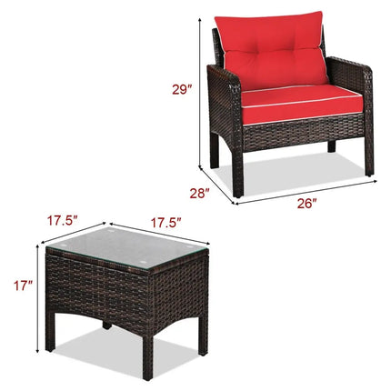 3 Pcs Outdoor Patio Rattan Conversation Set with Seat Cushions-Red - Red - Patio Conversation Sets