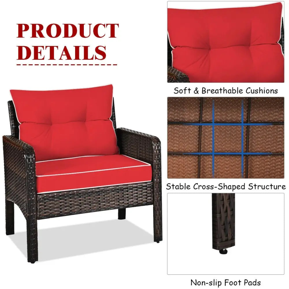 3 Pcs Outdoor Patio Rattan Conversation Set with Seat Cushions-Red - Red - Patio Conversation Sets