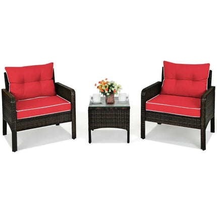 3 Pcs Outdoor Patio Rattan Conversation Set with Seat Cushions-Red - Red - Patio Conversation Sets