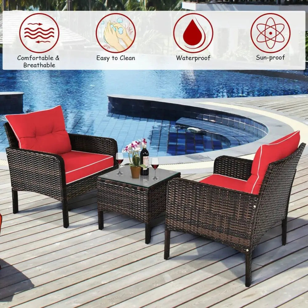 3 Pcs Outdoor Patio Rattan Conversation Set with Seat Cushions-Red - Red - Patio Conversation Sets