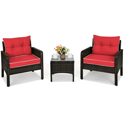 3 Pcs Outdoor Patio Rattan Conversation Set with Seat CushionsRed - Red - Patio Conversation Sets