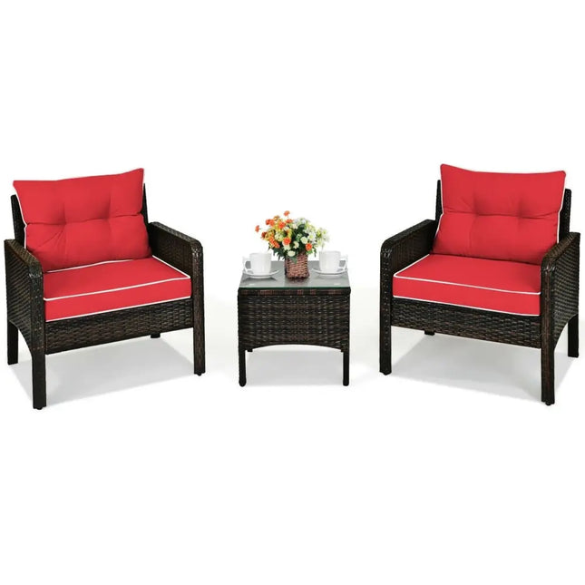 3 Pcs Outdoor Patio Rattan Conversation Set with Seat CushionsRed - Red - Patio Conversation Sets