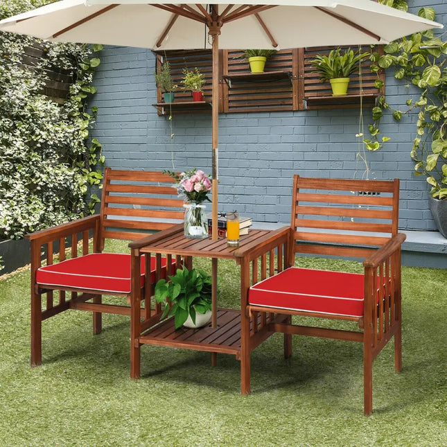 3 pcs Outdoor Patio Table Chairs Set Acacia Wood Loveseat-Red - Red - Patio Conversation Sets