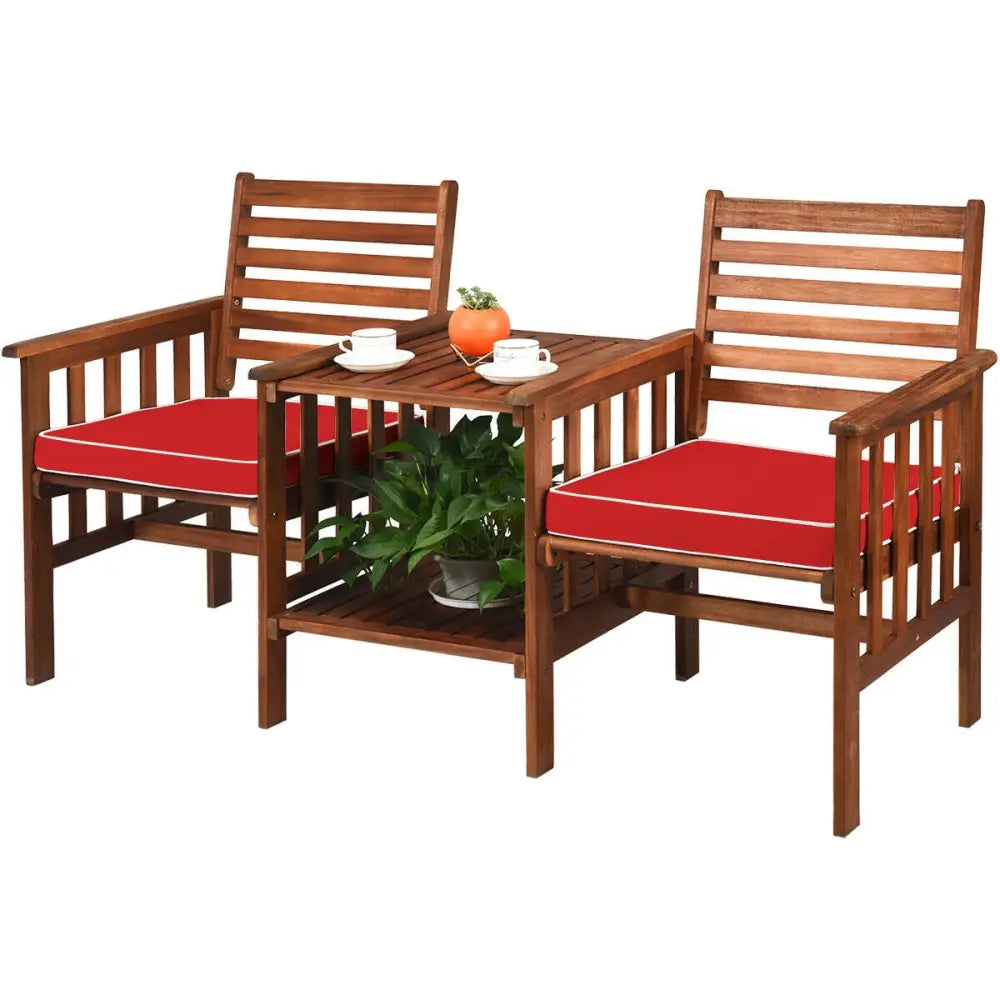 3 pcs Outdoor Patio Table Chairs Set Acacia Wood Loveseat-Red - Red - Patio Conversation Sets